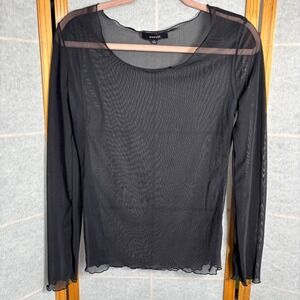 Womens Small Kaktus Black Mesh Ruffle Hem‎ Long Sleeve Crew Neck Top Boho Y2k